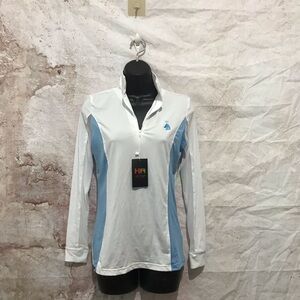 NWT HR-Farm Ladies Equestrian Long Sleeve Riding Shirt White Baby Blue Trim XS